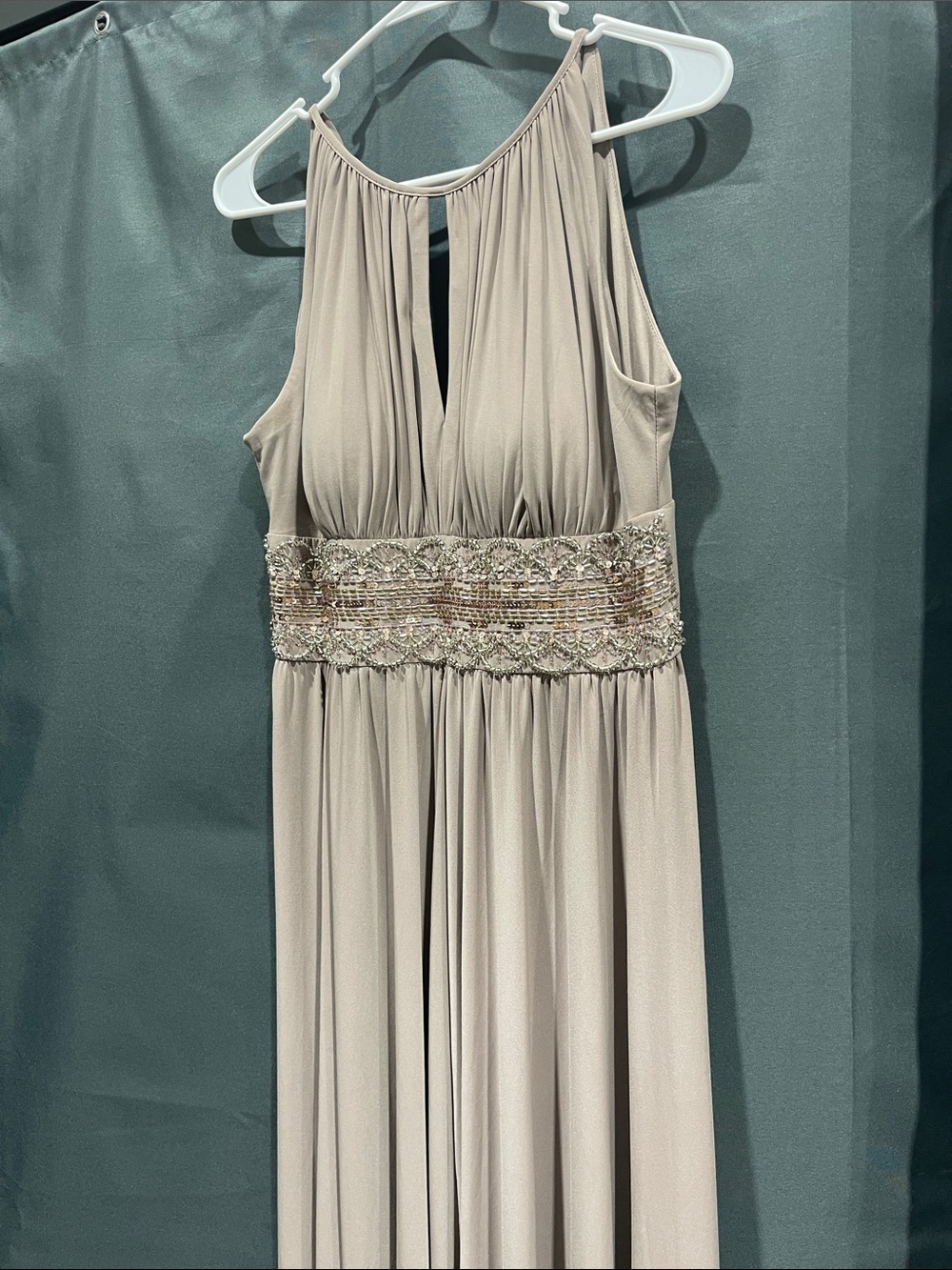 R&M Richards Taupe Halter Prom Gown with Beaded Waist